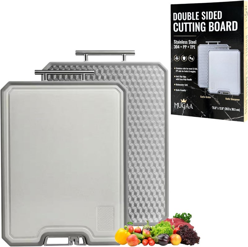MUGAA Stainless Steel Cutting Board, Double-Sided 304 Stainless Steel & PP, Built-In Knife Sharpener, Non-Slip Juice Groove, Dishwasher Safe Steel Cutting Boards For Kitchen, Medium (15.6" x 12") - Image 1